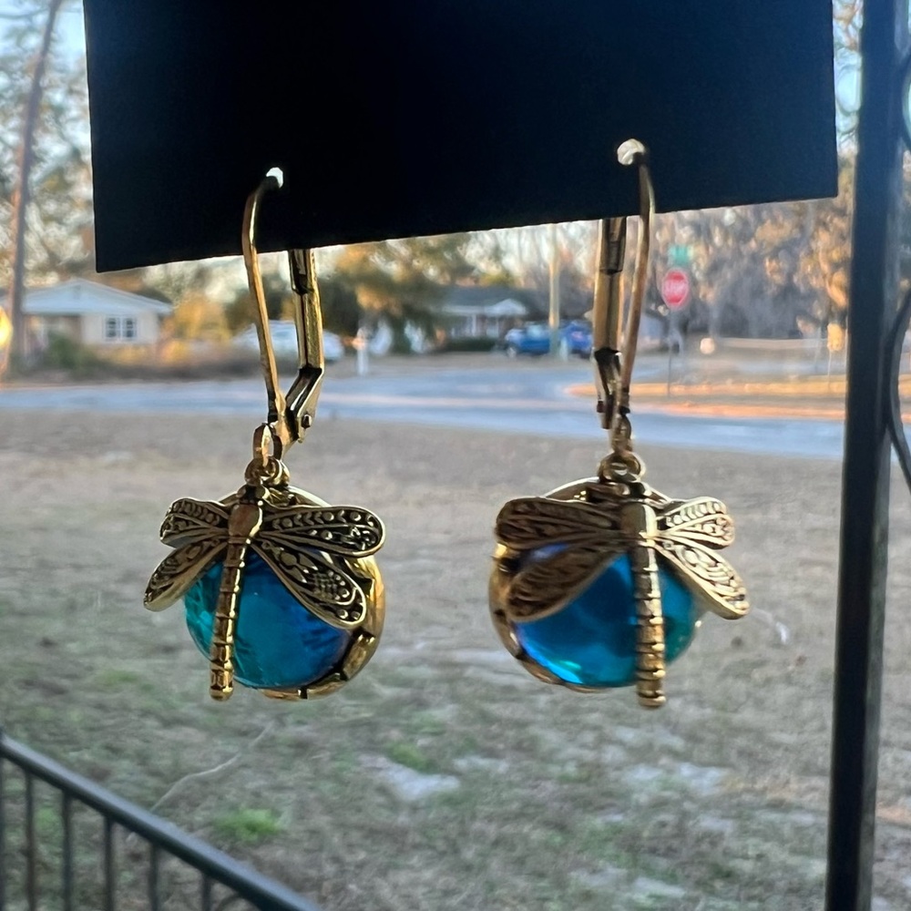New Blue Glass Dragonfly Drop Earrings #327 - Picture 2 of 2